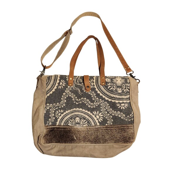 Myra Bag Abridge Weekender Bag Upcycled Beige & Black Canvas w/Leather Cowhide - Picture 1 of 11